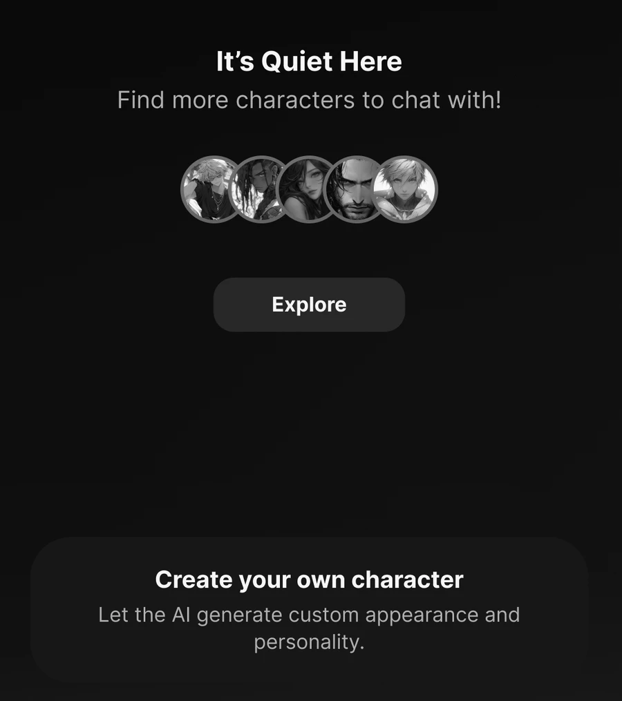 Plum interface: discover fictional characters to chat with and create your own characters.